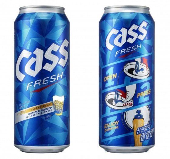‘프레시 탭(Fresh Tab)’ 기술을 적용한 카스후레쉬 500ml캔 앞면(좌)과 뒷면(우)